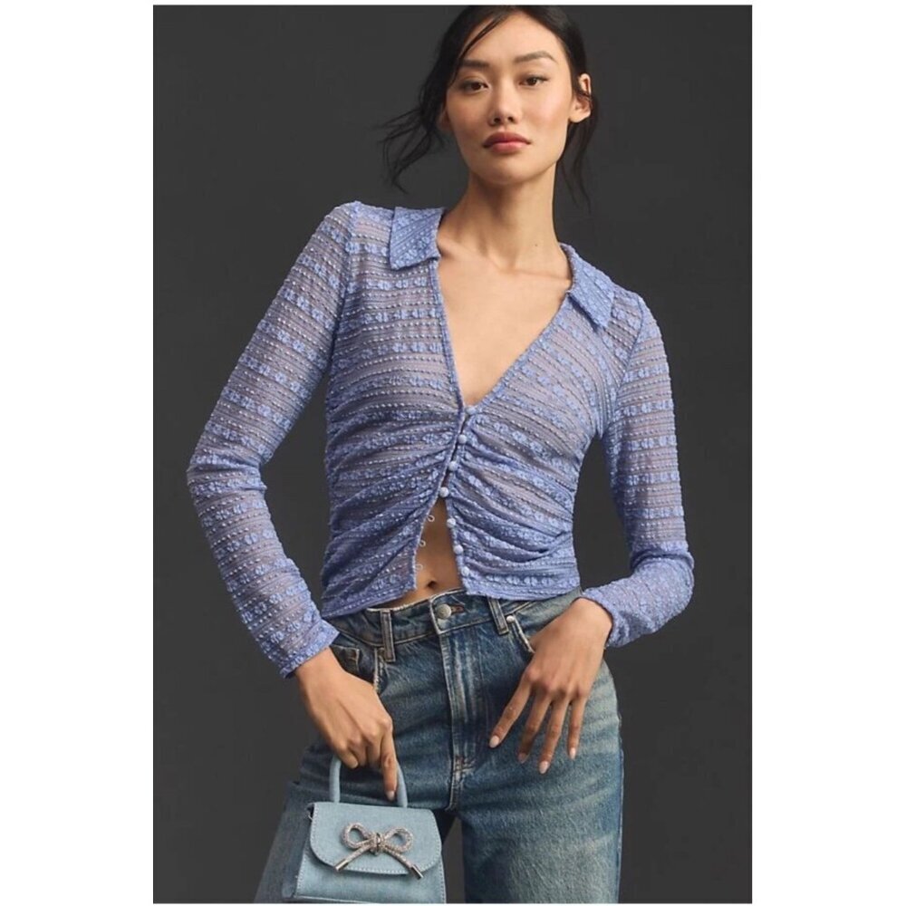 Anthropologie Long-Sleeve V-Neck Floral Lace Top lavender Sheer Blouse Romantic